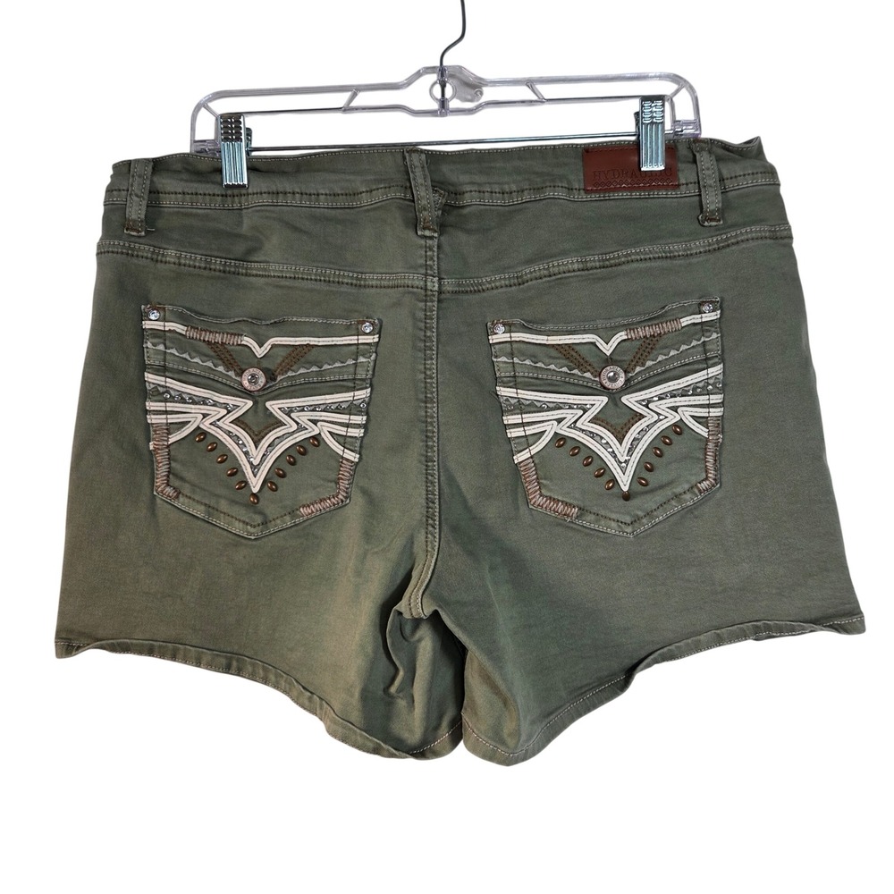 Hydraulic Studded Distressed‎ Stretch Shorts Olive Green Embellished Y2K